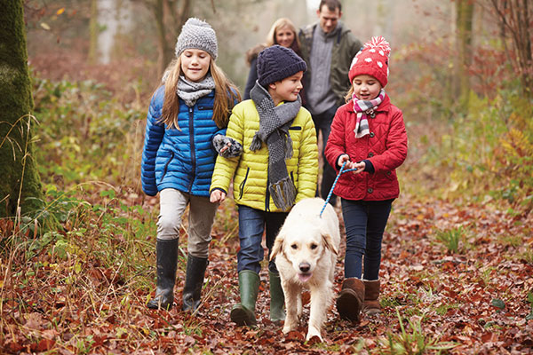 family walking dog together in the woods 