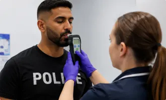 A healthcare worker administers a breathalyzer test to a man in a POLICE t-shirt.